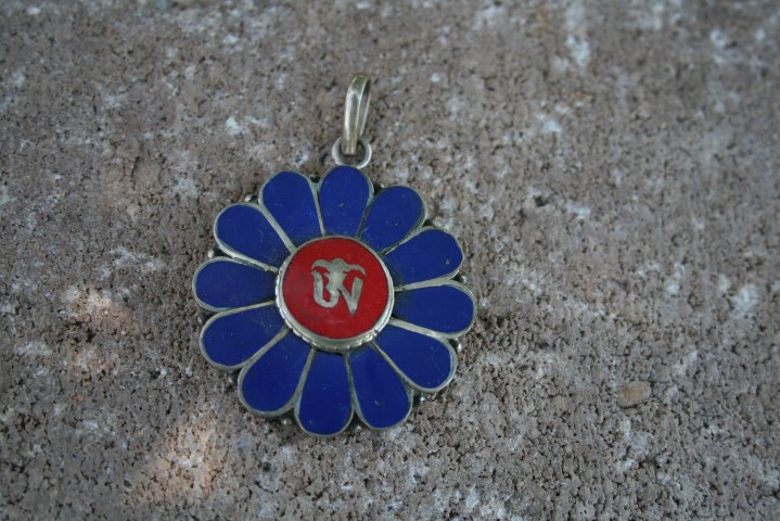 Tibetan 'Om' Lapis can Coral gemstone Pendant 4267